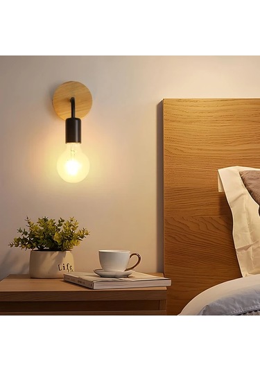 Dashanshop Siyah İki Paket Modern Ahşap Metal Duvar Lambası Yatak Odası Aydınlatma Siyah