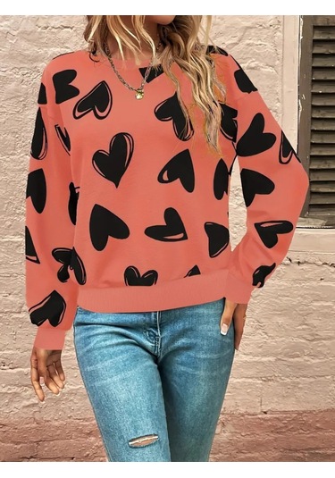 Leyla Sanat Sanata Yeni Bir Bakış Açısı Kadın Uzun Kollu Bisiklet Yaka Kalp Desenli Iki Iplik Bluz Turuncu