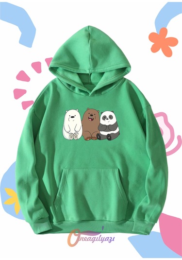 Çocuk Unisex Ayıcıklar Baskılı Oversize Kapüşönlü Sweatshirt Yeşil