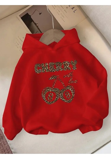 Kışlık Kapüşonlu Sweatshirt, Kiraz Leopar Baskılı Yeni Kırmızı