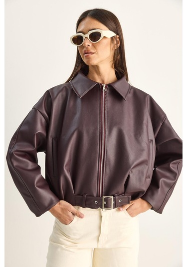Oversize Tokalı Deri Ceket 3137 60284058 - Bordo