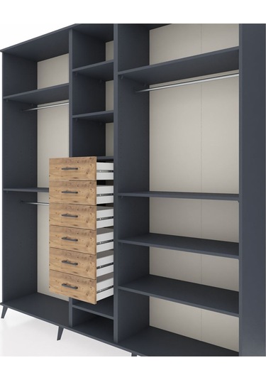 Hyperion Dolap 10 Raflı 6 Çekmeceli 3 Askılı 220x44x243 Antrasit-antrasit/çam Antrasıt/atlas Çam