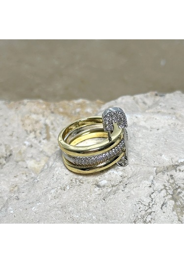 3'lü Silver-gold Taşlı Çengelli İğne Yüzük Çok Renkli