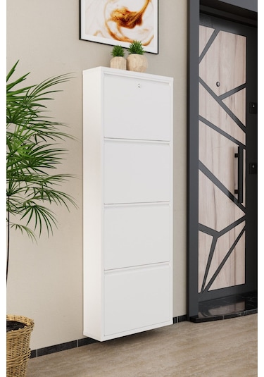 Kilitli 4 Kapaklı Metal Ayakkabılık Beyaz Beyaz