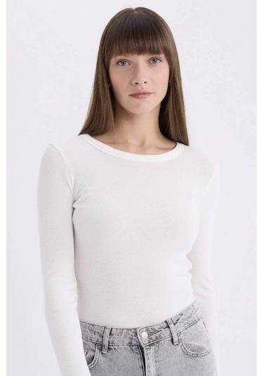 Defacto Slim Fit Basic Fitilli Kaşkorse Ekru Kadın Uzun Kollu T-shirt E5767ax/er105 Ekru