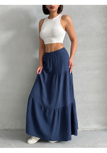Kadın Pamuklu Maxi Boy Müslin Etek Lacivert Kadın Pamuklu Maxi Boy Müslin Etek Lacivert