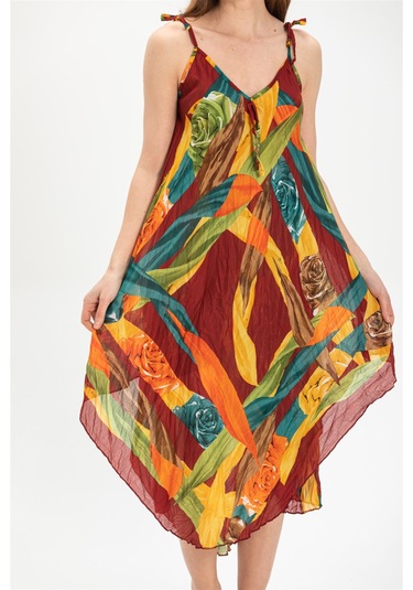 Askılı Vual Afrodit Midi Boy Elbise Bordo 6151