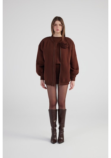 Holly Lolly Oversize Çıkarılabilir Gül Detaylı Astarlı Alexa Bomber Ceket Kahve