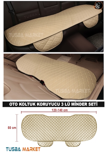 Araç Oto Koltuk Koruyucu Cepli Üçlü Minder Seti I Lüks Kapitone Deri Ön-arka Bej Oto Koltuk Minder