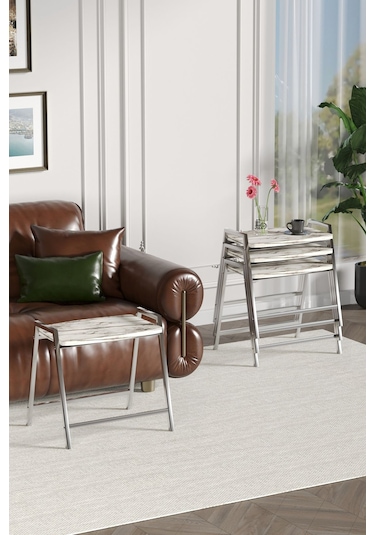 Zigon Sehpa , Aden 4'lü Tepsi Zigon Sehpa Takımı Gümüş Metal - Beyaz Mermer Tabla Gümüş-beyaz Mermer