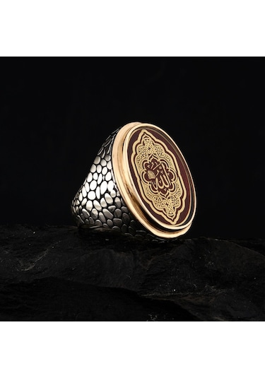 925 Ayar Gümüş Allah Lafzı Yazılı Kırmızı Mineli Erkek Yüzük Gümüş