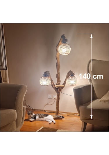 Ev Ofis İçin Uzun Ahşap Sarı Ledli 3 Ampul Lambader Aplik Abajur