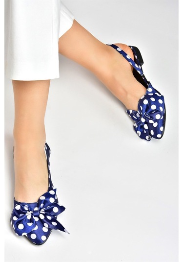 Lacivert/beyaz Saten Kumaş Puantiyeli Kadın Babet H726809004 Beyaz - Lacivert