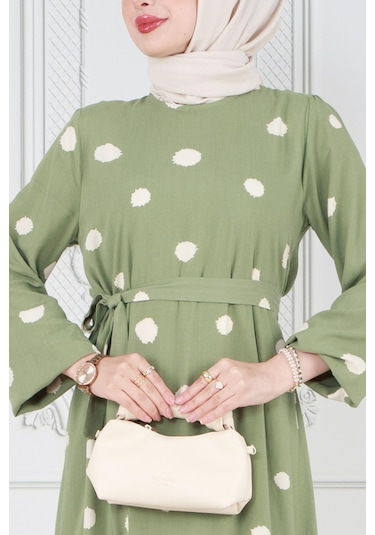 Puantiyeli Kuşaklı Tesettür Elbise-beyaz-3591-gül Kurusu Gül Kurusu