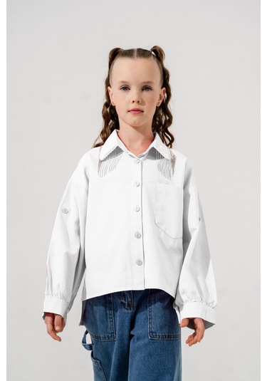 Kız Çocuk Yakası Taşlı Gömlek 3126 Ekru