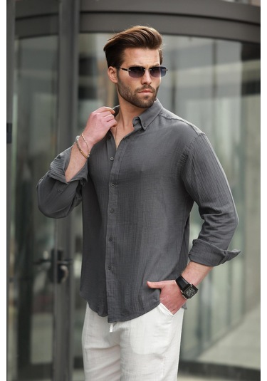 Madmext Antrasit Basic %100 Pamuklu Uzun Kollu Erkek Gömlek E6761 Antrasit