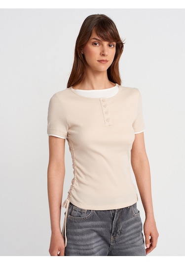 Dilvin 31816 Çift Katlı Büzgülü T-shirt-bej Bej
