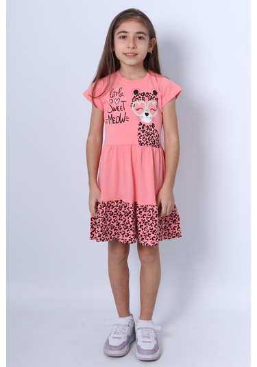 Kız Çocuk Elbise Fırfırlı Kedicik Baskılı C13 Pembe