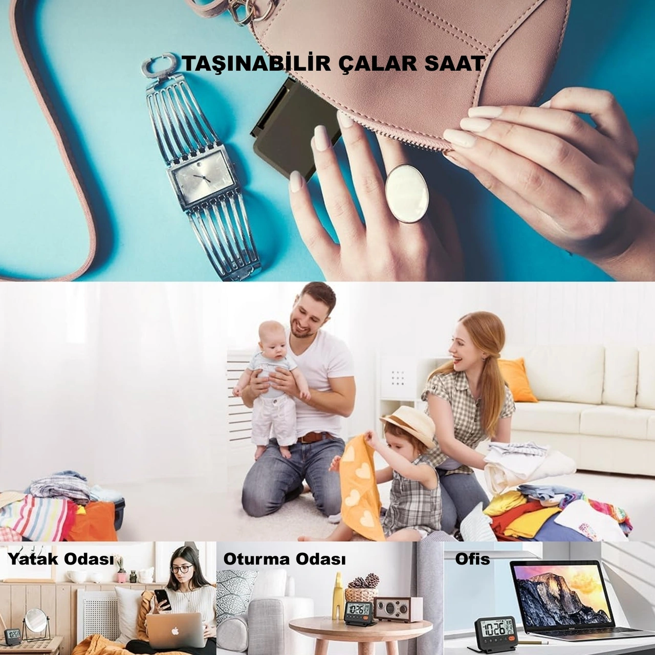 Hymark Lcd Katlanır 10x8cm Dijital Masa Saati Çalar Saat Takvim Sıcaklık Led Pilli Seyahat Ofis Ev Siyah