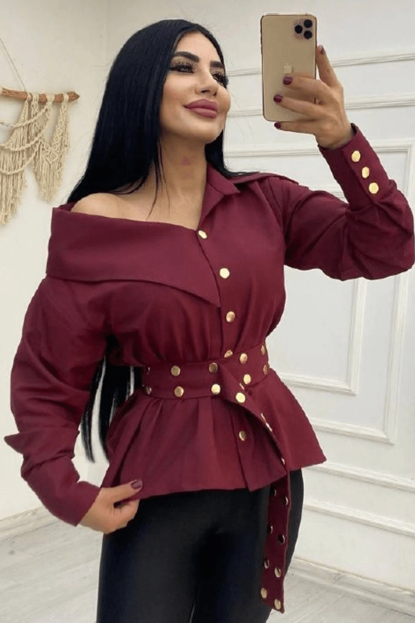 Kadın Artizon Geniş Yaka Belinde Kuşak Gömlek Bordo