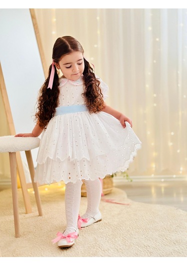 Beyaz Mavi Kemerli Vintage Elbise, Özel Dikim Çocuk Elbisesi, Doğum Günü Elbisesi,0-12 Yaşa Uygun Beyaz