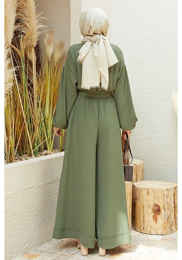 6569-Krep Tulum Elbise Haki