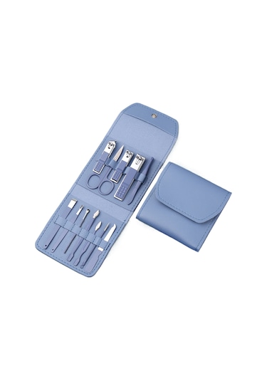 Folinda Stainless Steel Pedikür Ve Manikür Seti 12 Parça Çok Renkli Mavi, Yeşil, Mor Vb. Çift Uçlu Çanta İle Mavi