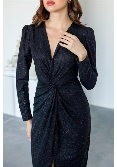 Kadın Büzgü Detaylı Simli Gece Elbisesi Dpnbmy3633 Siyah