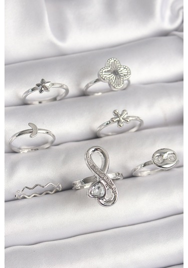 Pirinç Gümüş Renk Yonca Figür Sonsuzluk Zirkon Taşlı Kalp Detay Kadın Yüzük Kombini - Tj-byk3650 Çok Renkli