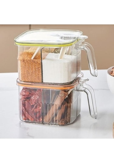 Pazly Yeşil 4 Bölmeli Baharat Çeşniler Kutusu, Fonksiyonel Saklama, Şeffaf Kapak, Kaşık Kabı İle Yeşil