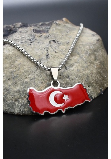 Türk Bayrağı - Ay Yıldızlı Mineli Kolye Paslanmaz Çelik Zincir 902296 Gümüş