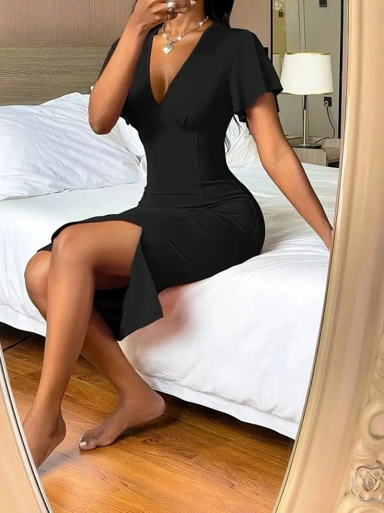 S-pazarım Kadın Kısa Kollu Derin Dekolte V Yakalı Yırtmaçlı Midi Janjan Krep Elbise Siyah