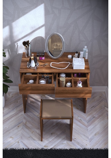 Dekorfim DF02102BR İki Çekmeceli Tabureli Makyaj Masası