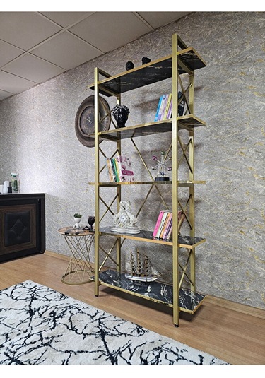 Çıkıntılı Gold Boyalı Kitaplık - 5 Raflı Suntalem Lüks Kitaplık L Çok Renkli