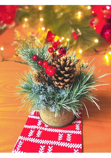 Kokina Yılbaşı Çiçeği, Yapay Çam Kozalaklı Kiraz Demeti, Dekoratif Yeniyıl Süsü, 13 Cm - 12li Set