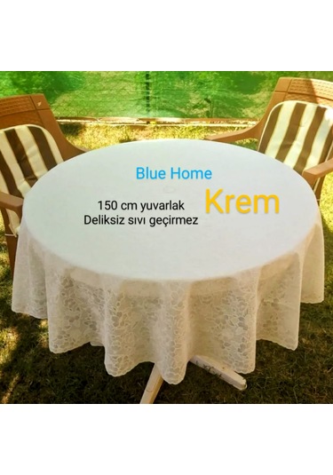 Yuvarlak Dantel Görünümlü Pvc Muşamba Mutfak Masa Örtüsü Sıvı Geçirmez Silinebilir /ebat: 150 Cm Krem Krem