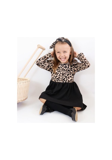 Kız Çocuk Leopar Desenli Uzun Kollu Fırfırlı Elbise Bandana Takım Elb-0059 Siyah