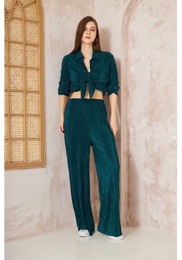 Kadın Pliseli Beli Lastikli Pantolon Tunik Gömlek Ikili Bürümcük Salaş Takım 3573300 Petrol