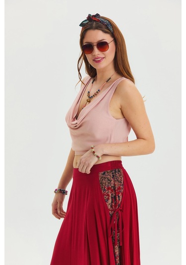 Bağlama Detaylı Beli Lastikli Salaş Etek Kırmızı