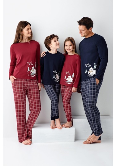 Arnetta Garson Kız Çocuk Aile %100 Pamuklu 4 Mevsim Ekoseli Uzun Kollu Pijama Takım Bordo