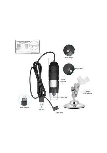 Otg Fonksiyonlu Usb Dijital Zoom Mikroskop Büyüteci, 8-led Işığı, 1600x Büyütme İle Standlı Büyüteç Siyah