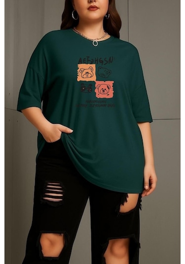 Büyük Beden Aef Ayıcık Baskılı Unisex Tişört Yeşil