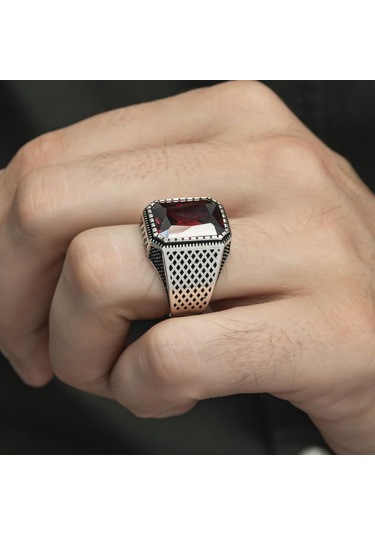 Kare Kırmızı Taşlı 925 Gümüş Erkek Yüzük