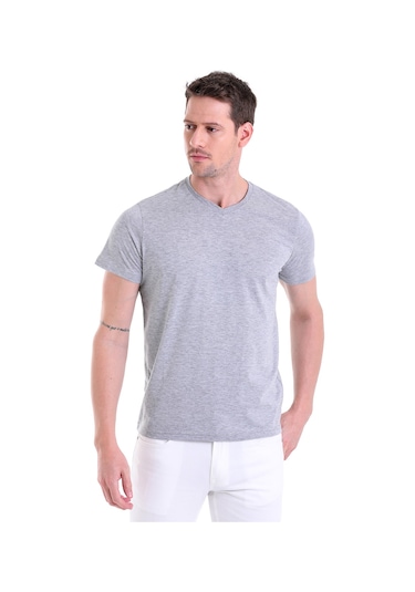 Hatemoğlu Gri Melanj Düz Slim Fit 100% Pamuk V Yaka Tişört Gri