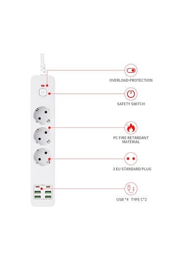 H-01 Hızlı Şarj İstasyonu 3000w 3'lü Priz 2 Metre Uzatma Kablosu
