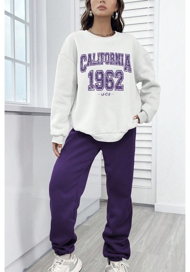 Modagen Unisex Mor Beyaz Bisiklet Yaka California Baskılı Alt-üst Eşofman Takımı Mor-beyaz