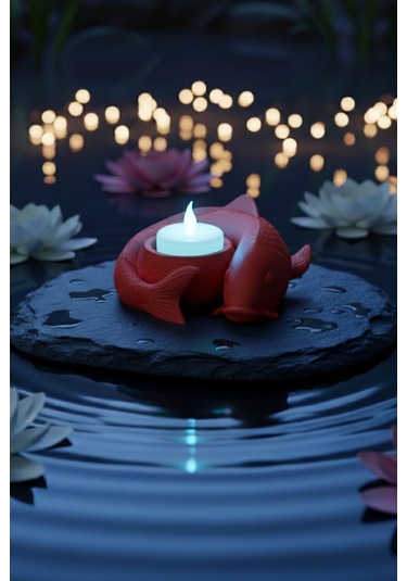 Oxyteez Balık Figürlü Led Mumluk Kırmızı Renk Reçine Tasarım Ev Ve Ofis Dekorasyonu