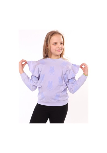 Kız Çocuk Regular Fit Bisiklet Yaka Fırfırlı Baskılı Sweatshirt - 2 İplik Koyu Mavi