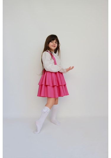 Kız Çocuk Helen Pembe Askılı Kat Kat Bağlama Jile Elbise Dantel Detay Ekru Uzun Kollu Bluz Takım