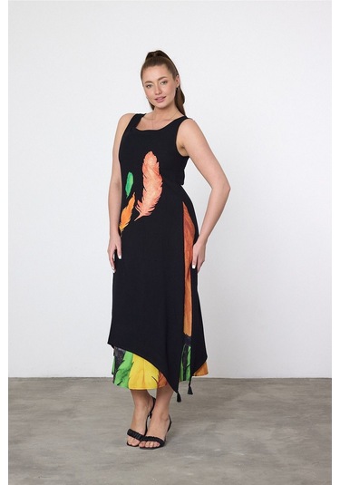 Schık Kadın Yazlık Bol Kolsuz Rahat Baskılı Elbise Turuncu